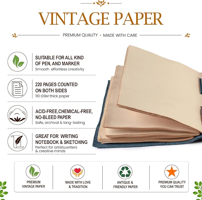 LEATHER VILLAGE Large Leather Journal Edge Cut, Navy Blue 8x6.