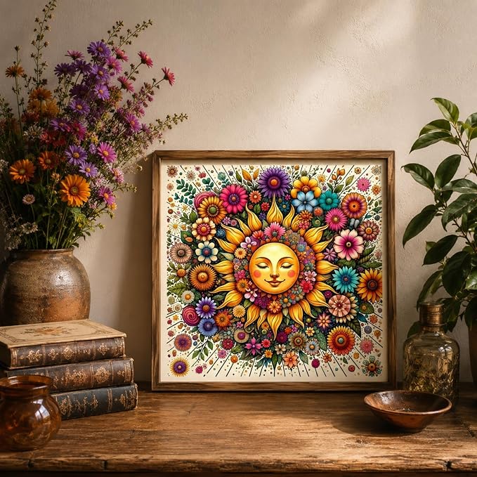 CHWGLFGG 5D Sun Face Diamond Art Kits for Adults Beginners 13.8x13.8 Inch | Vintage Floral Mandala Diamond Painting Kit, DIY Full Round Drill Paint by Diamonds Dot Gem Art for Adult, Home Wall Decor