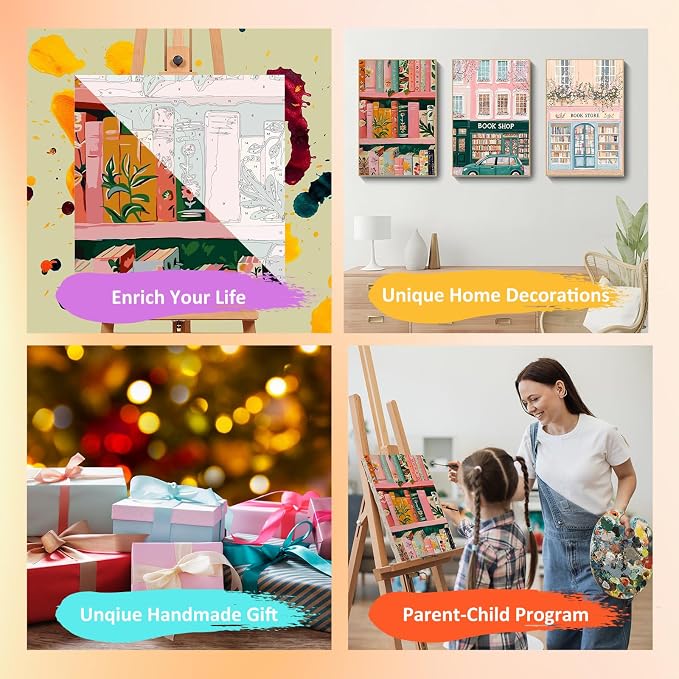 Mandun Book Shop Paint by Numbers Kit for Adults, 3 Pack, 7.8x11.8 inch | DIY Painting Kits Crafts for Adults, Relieve Stress, Frame Canvas, Wooden Easel, Gift Box, Home Wall Decor