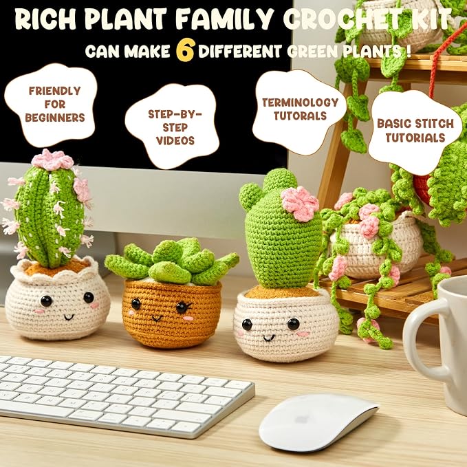 MAGIMUSE Crochet Kit for Beginners, Crochet Starter Kits, Amigurumi Craft Knitting Crocheting Kits with Step-by-Step Video Tutorials, 6 Pack Hanging Potted Plants Family(40%+ Yarn)