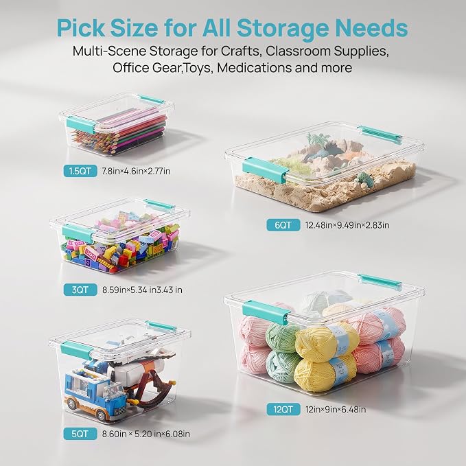 Vtopmart 4 Pack 12 Qt Clear Craft Storage Bins with Lids and Latches | Stackable Plastic Storage Box for Art & Craft Supplies, Paper, Toys, BPA-Free Containers for Organizing