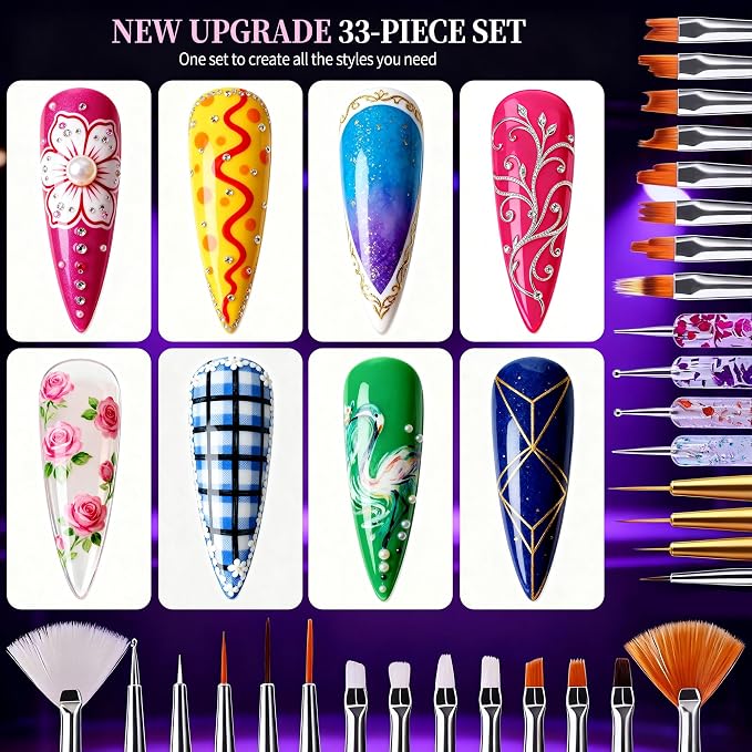 Artdone 34pcs Nail Art Brushes, Nail Art Tool Set, Dotting Tools | Dust Striping Brushes for Long Lines, Drawing Pen Kit For Gel Polish Design Supply
