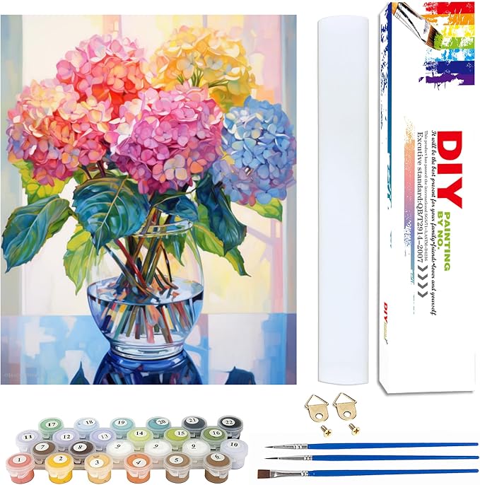 Yunruily Hydrangea Canvas Paint by Numbers for Adults-Paint by Numbers Adult Flowers,Painting by Number Flowers for Gifts and Home Wall Decor(with Gifts Box) 16x20inch