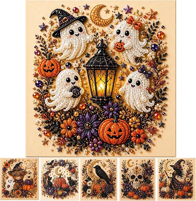 Halloween Pearl Art Kit, Cute Ghost 3D Diamond Art DIY Craft Kit with Resin Pearls, Spooky Cute 3D Diamond-Painting Crafts for Adults, Fall Home Decor Wall Art, Beginner DIY Seasonal Party Gift(#D)