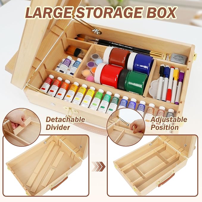 Tabletop Easel for Painting, Adjustable Beechwood Sketchbox, Portable | Features detachable shoulder strap for travel, Large storage box with adjustable angles for adults, artists & beginners