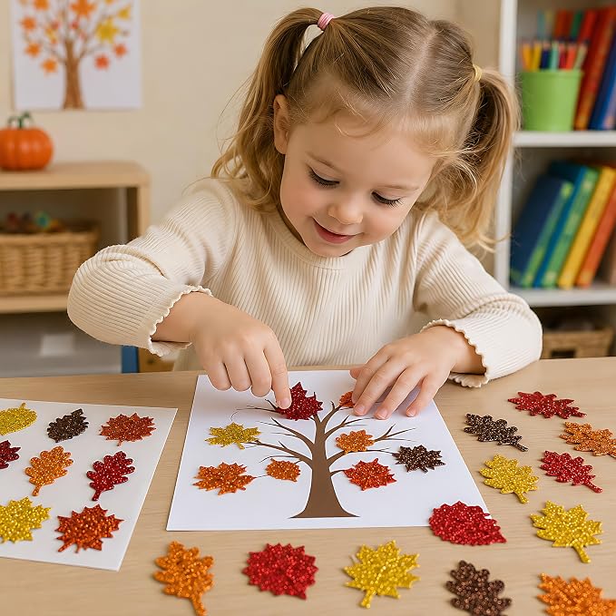 Fall Crafts for Kids - Maple Leaf Glitter Foam Stickers | 138 PCS Self Adhesive Fall Stickers - Thanksgiving Crafts Games for Kids -Friendsgiving Party Supplies Favors for Halloween Gifts