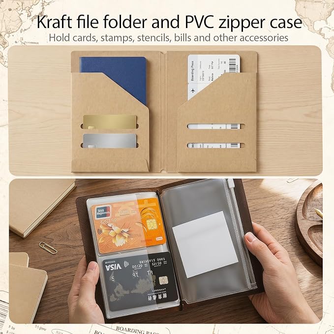 2PACK Passport Travelers Journal Notebook Accessories Inserts Kit | Kraft File Folders, PVC Zipper Pouches, Pen Holders, Binder Clips, Elastic Bands for Travel Journal Organizer