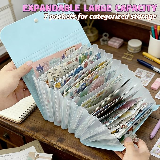 Sticker Storage Organizer with 7 Expandable Pockets, A6 Multi-Layer Desktop Sticker Binder for Scrapbook Essentials and Journal Organizer, Large Capacity for Thick Sticker Album, Washi Tape(Aqua)