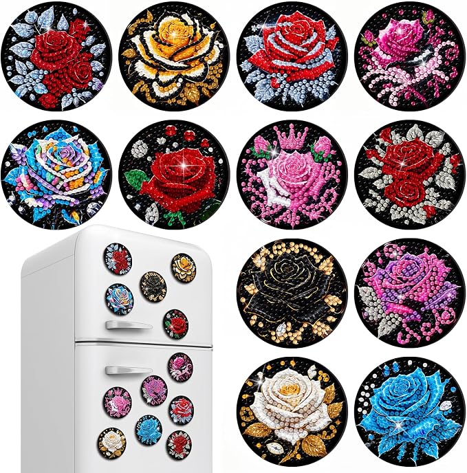 Zonon 12 Pcs Rose Flower Diamond Art Magnets, Flowers Fridge Magnets Adults | Diamond Painting Stickers, Sparkling Rose Designs, Easy to Apply on Refrigerator for Home Kitchen Decor