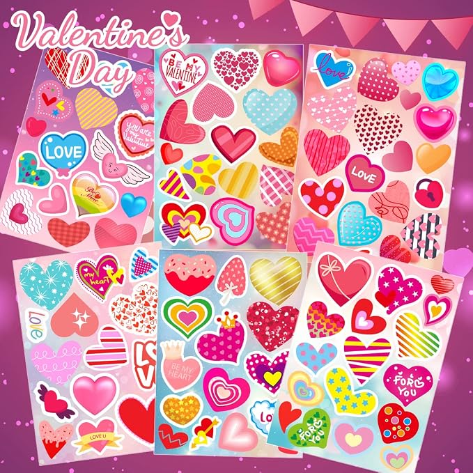 KARSLORA 30 Sheets Valentine Stickers, 490PCS Heart Stickers, Valentine Stickers for Kids, Valentines Crafts Party Favors for Kids, Valentines Day Stickers