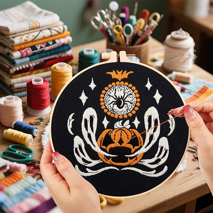 Halloween Embroidery Kits for Beginners Adults, Ghost Embroidery Starter Kits, Halloween Cross Stitch Kits for Beginners Adults Hobbies for Women, Embroidery Fabric, Threads, Hoops and Video Tutorial