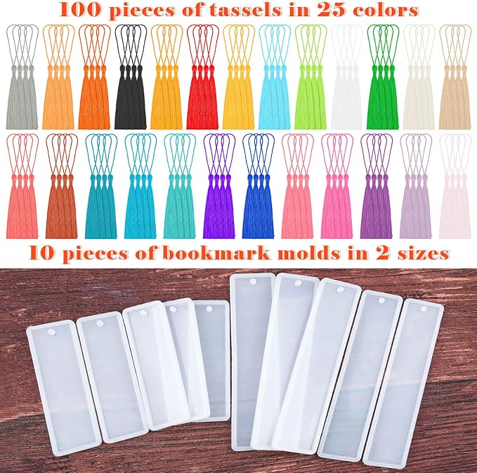 Caffox Bookmark Mold Kit with 100pcs Tassels and 10pcs Silicone Molds for Epoxy Resin Casting