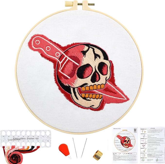 Halloween Punk Embroidery Kits for Beginners Adults, Blood Skull Embroidery Starter Kits, Halloween Cross Stitch Kits for Beginners Adults Hobbies for Women, Embroidery Fabric, Hoop and Video Tutorial
