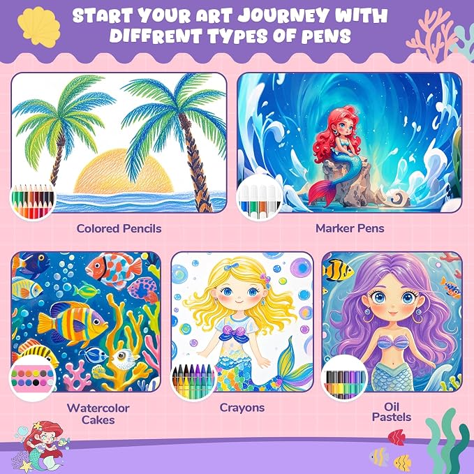 homicozy Art Supplies, Mermaid Drawing & Coloring Set with Crayons, Colored Pencils, Markers, Sketchbook, Watercolor Cakes, Stencils, Arts and Crafts Painting Kit for Kids Ages 4-10, Girls Boys Gift