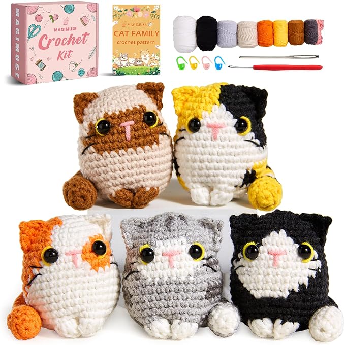 MAGIMUSE Crochet Kit for Beginners, 5 Cat Crochet Amigurumi Craft Kit