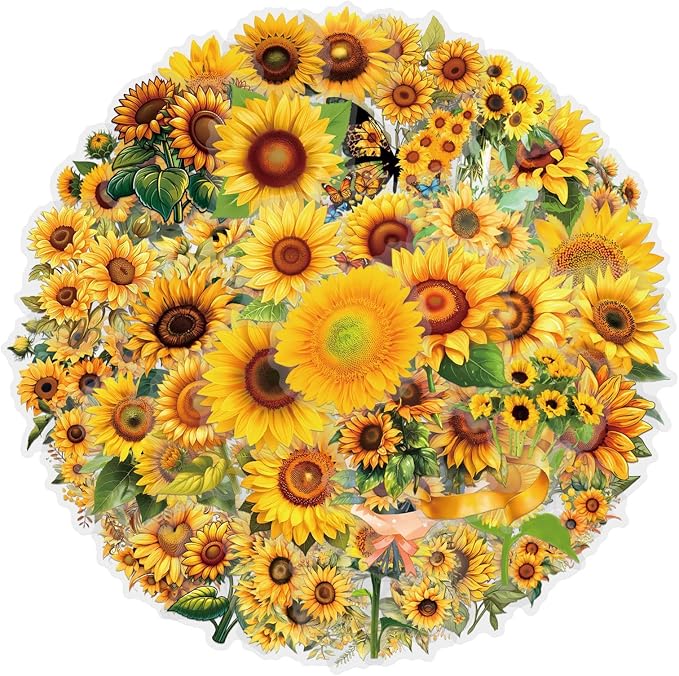 60Pcs Sunflower Stickers,Transparent Sunflower PET Sticker | Colorful Waterproof for Laptop,Guitar, Phone,Water Bottles,Stationery, Luggage Scrapbooking, Water Bottlesr Refrigerator