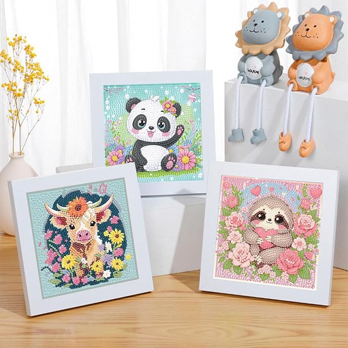 ajepon 6 Pack Animal Diamond Art Kits for Kids, Cute Animals Diamond Art for Kids Ages 8-12, Koala Panda Sloth Raccoon Fox Cow Diamond Painting Kits for Kid for Gift Home Wall Decor (6x6inch)