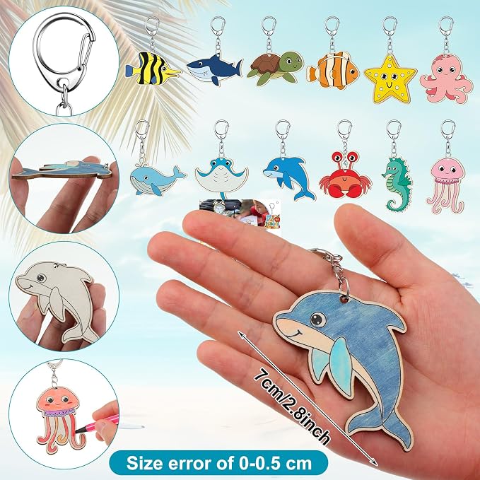 Trnayi 36 Pcs Sea Life Unfinished Wood Keychain Color Your Own DIY Craft | Sea Life Wooden Keychains, Color Your Own Unfinished Crafts, Blank Wood Painting DIY Crafts, for Home Activities Art Project