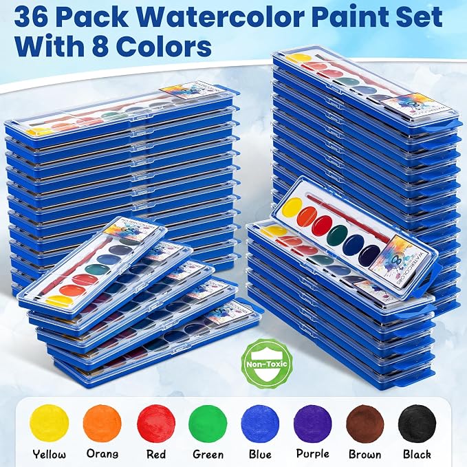 36 Pack Watercolor Paint Set Bulk,8 Colors Washable WaterColor Paint for Kids, Water Color Paint with Brushes, Ideal Valentine Party Favors, Art Supplies for School Classroom Home