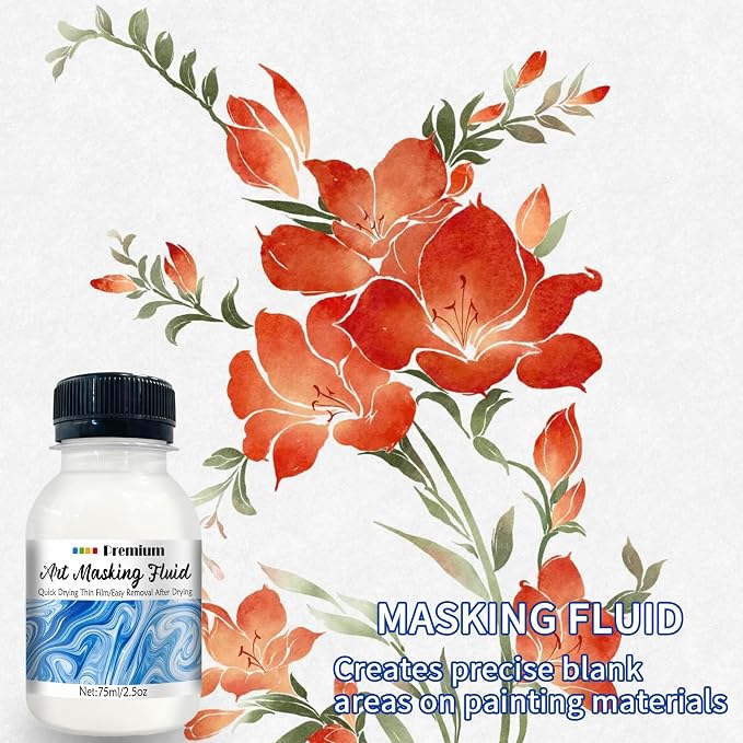 Watercolor Masking Fluid, Liquid Masking for Painting Watercolor Accessories with Silicone Pen Cleaning Brush Retouching and Covering for Painting and Various Art Projects Supplies,White (75ml)