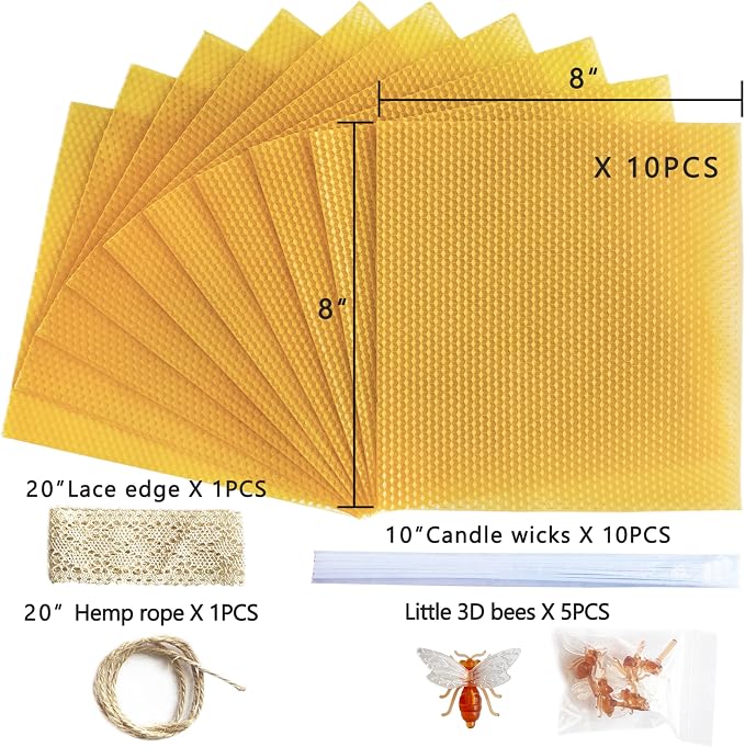 Lacaser Beeswax Candle Making Kit, 10pcs 8"x 8" 100% Beeswax Sheets for Candle Making -Include Bee Ornaments, Lace, Cotton Wicks & Hemp Rope, DIY Candles Making Supplies