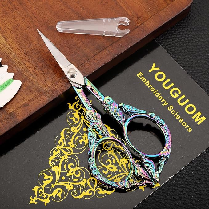 YOUGUOM Sewing Embroidery Scissors, Small Craft Shears with Cover | Sharp Tip, for Crochet, Needlework, Yarn, Cross Stitch, Quilting Tools, Detail Thread Snips, 4.6in, Rainbow Cute Bird