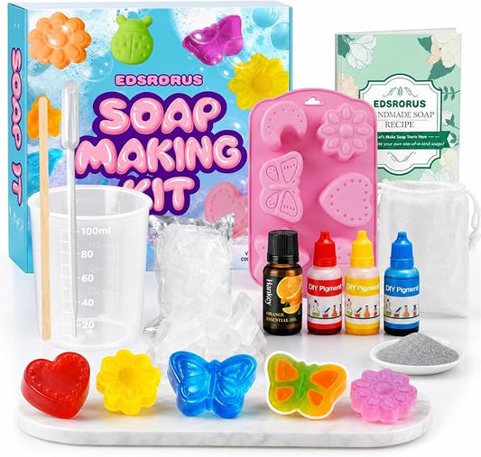 EDSRDRUS Beginner Soap Making Kit for Adults - DIY Craft Kits with Glycerin Soap Base, 6-Hole Silicone Molds, Colorants, Essential Oil - Creative Hobby Starter Set