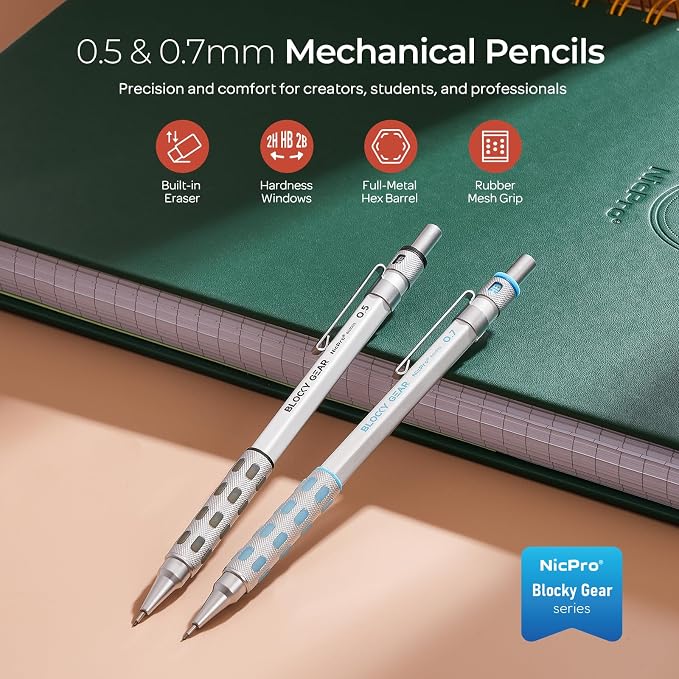Nicpro Blocky Gear 0.5 mm & 0.7 mm Mechanical Pencils Set in Case