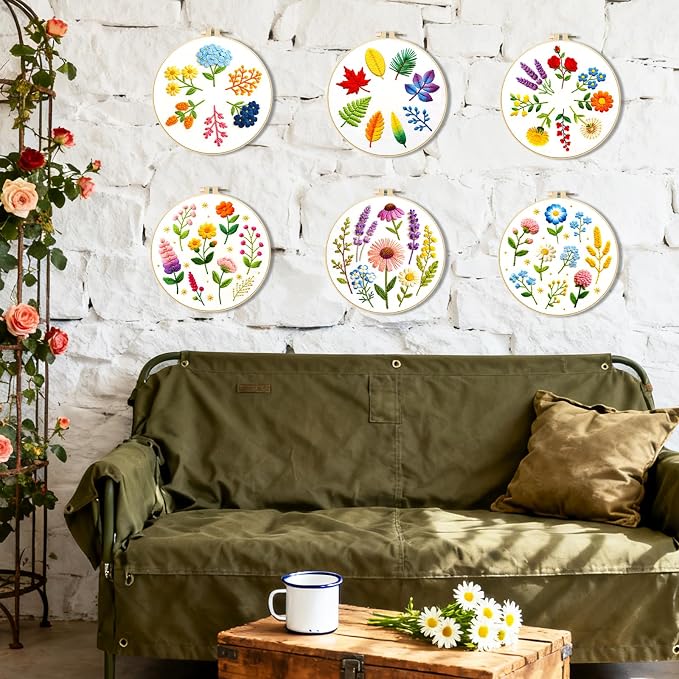 BEUNITONE 6 Pack Beginner Embroidery Kit for Adults, Simple Floral Plants Pre-Stamped Pattern Starter Needlepoint Kits with Hoops & Instruction, Hand Embroidery Kits for Fabric and Home Decor 7.9x7.9