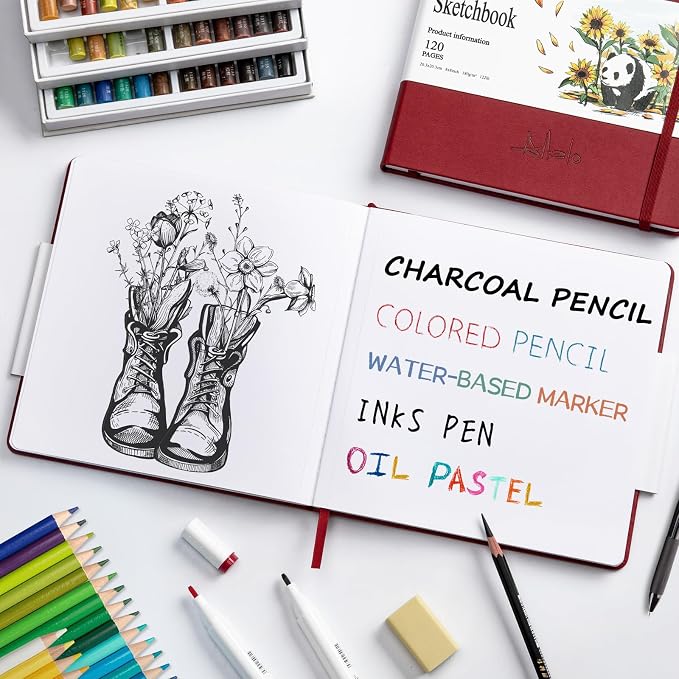 Sketchbook for Drawing, 120 Pages Sketch Book, 122LB/180GSM Thick Paper | Mixed Media Sketchbook for Charcoal Pencil, Inks Pen, Colored Pencil, Acrylic Marker, Oil Pastel