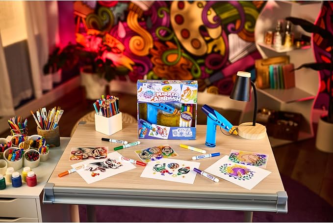 Crayola Marker Airbrush Spray Art Kit, 8 Washable Markers, 5 Stencils