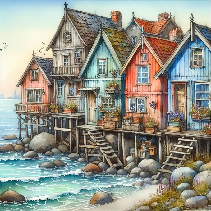 Seaside House Diamond Art Kits for Adults,Diamond Painting Kits 14X14In