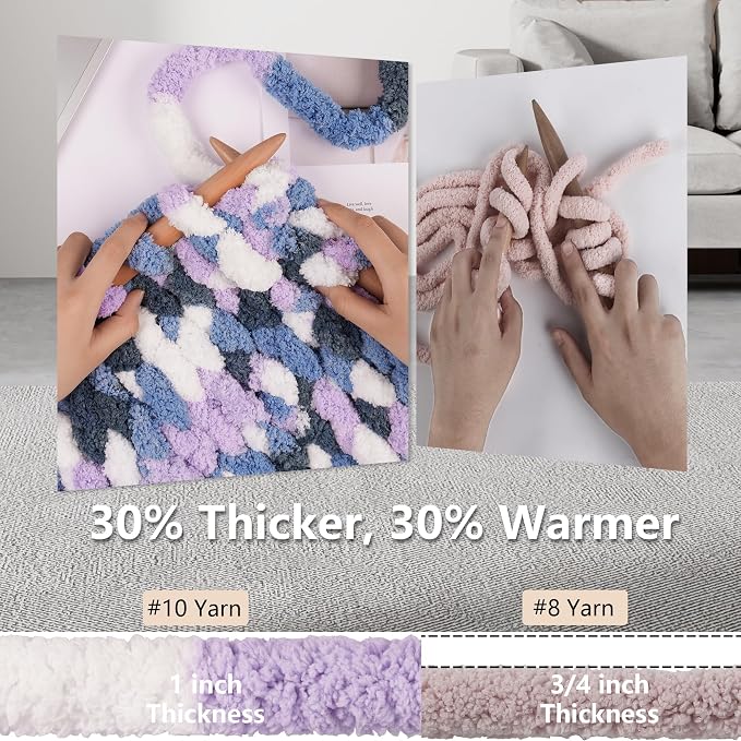 Cozyful Chunky Yarn for Hand Knitting - #10 Chunky Chenille Blanket Yarn, Jumbo Big Thick Chunky Yarns for Crocheting, Tie Dye Bulky Knit Yarns, 8 Skein (20 yds 8 oz Each Skein), Multi Blue&Purple