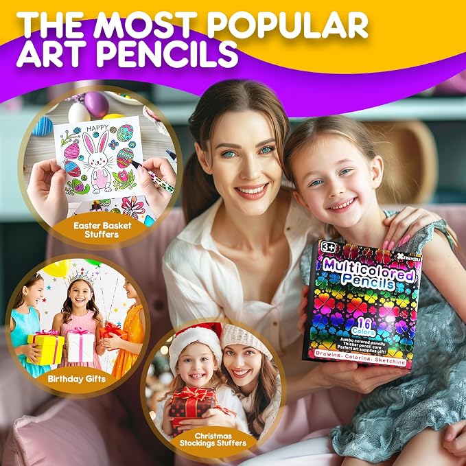 16 Rainbow Colored Pencils, Drawing Art Supplies, Multicolored Pencils Kids | Tween Girls Trendy Stuff Party Favor Crafts, Jumbo Fun Pencils for Drawing Sketching Coloring, Easter Basket Stocking Stuffer