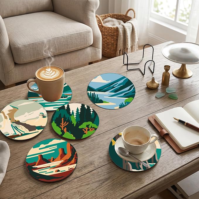 8 Pack Mountain Paint by Numbers Kits Coasters with Holder Cork Pads | Landscape Paint by Number Kit for Adult Simple Round Oil Painting Coaster for Small DIY Craft Holiday Birthday Gift 3.9x3.9in