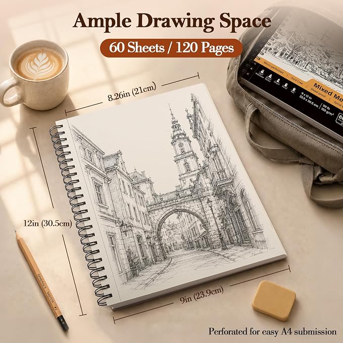Mixed Media Sketch Book 9" x 12": 98lb/160gsm Spiral Drawing Pad, 2 Pack