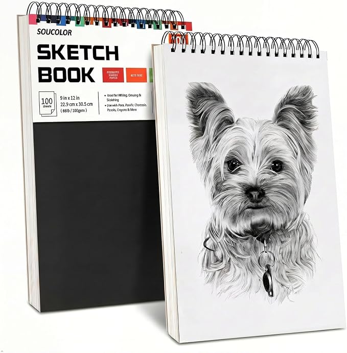 Soucolor 2-Pack 9" x 12" Sketch Book, Spiral Bound for Kids Adults Artists | 200 Sheets 68lb/100gsm Paper Professional Drawing Supplies for Sketch, Charcoal, Colored, Graphite, Pastel Pencils & Sticks