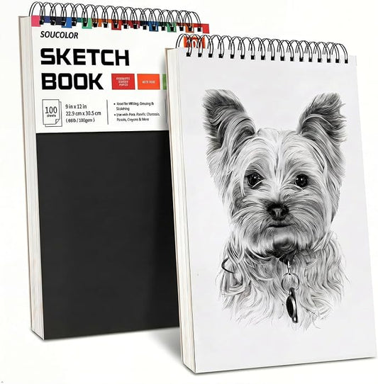 Soucolor 2-Pack 9" x 12" Sketch Book, Spiral Bound for Kids Adults Artists | 200 Sheets 68lb/100gsm Paper Professional Drawing Supplies for Sketch, Charcoal, Colored, Graphite, Pastel Pencils & Sticks