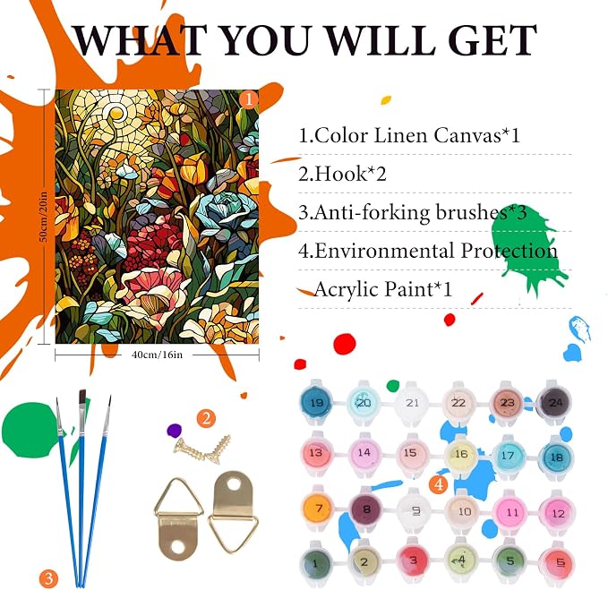 Stained Glass Flowers Paint by Numbers Kit for Adults Beginner 16x20 Inch | DIY Acrylic Painting by Numbers Flower, Without Frame Canvas, Stress Relief Craft Kits, For Home Decor Gift