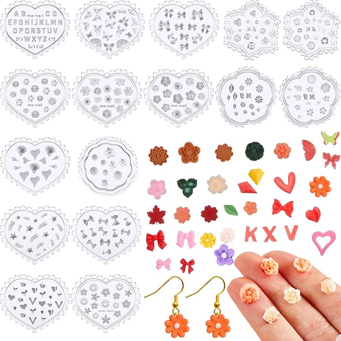 Zeyune 16 Pcs Summer Small Flower Polymer Clay Molds, Mini 3D Silicone Resin Casting Molds for Earring Making Jewelry DIY, Includes Alphabet, Flower, Heart and Bow Shapes(Daisy & Leaf)