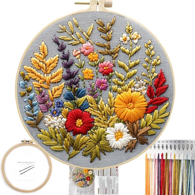 FONNUY Floral Embroidery Kit for Beginners, Colorful Flowers Pre-Stamped Pattern Kits for Adults with Hoop, Thread Needlework, 8'' Hoop (Daisy)