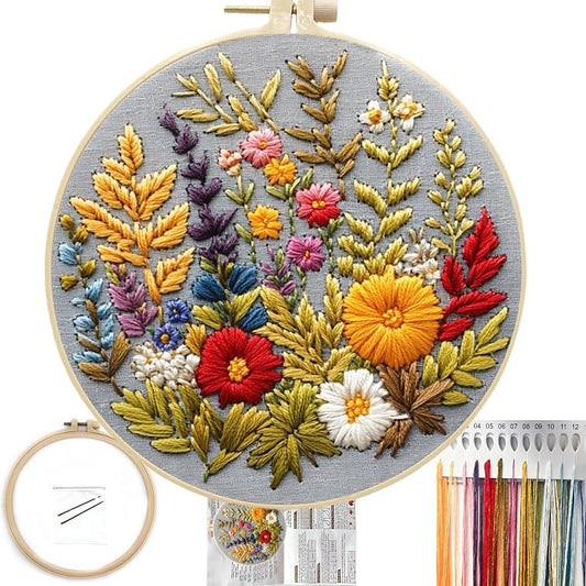 FONNUY Floral Embroidery Kit for Beginners, Colorful Flowers Pre-Stamped Pattern Kits for Adults with Hoop, Thread Needlework, 8'' Hoop (Daisy)