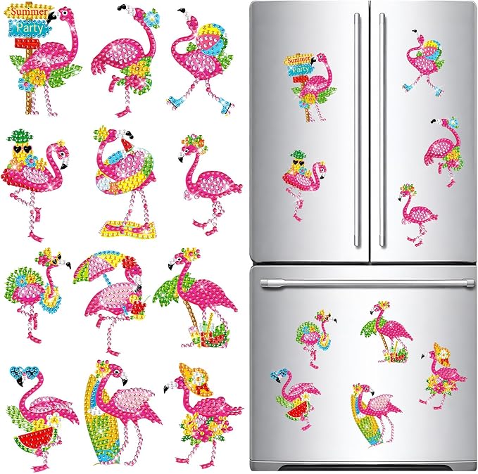 Zonon 12 Pcs Summer Flamingo Diamond Art Magnets DIY Fridge Decor | Beach Tropical Theme with Colorful Rhinestones, Hawaiian Party Sign, Magnetic for Refrigerator Cabinets Lockers Decor