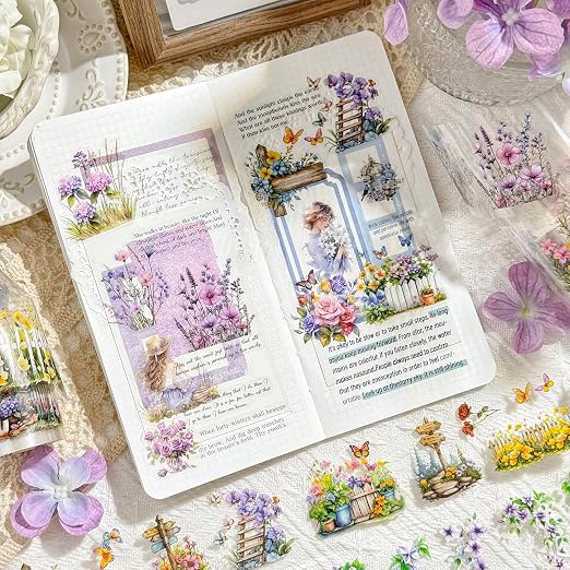 Deep Lane in Bloom PET Pre-Cut Floral Tape Set - 6 Rolls Transparent Garden Sticker Strips + 1 Clip for Scrapbook Journals Junk Journal Collage DIY Décor