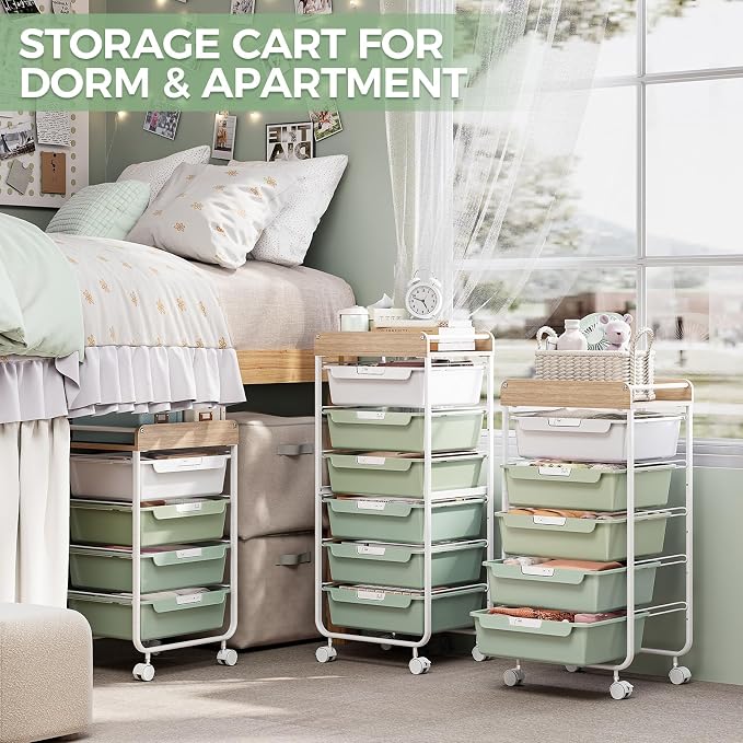 SYKIARIOL 6 Drawer Rolling Cart for Craft Storage,Utility Drawer Cart,Green | Organizer with Handle and Wooden Top,Storage on wheels for Office,Classroom,Laundry,Garage,Snack,Art Supply