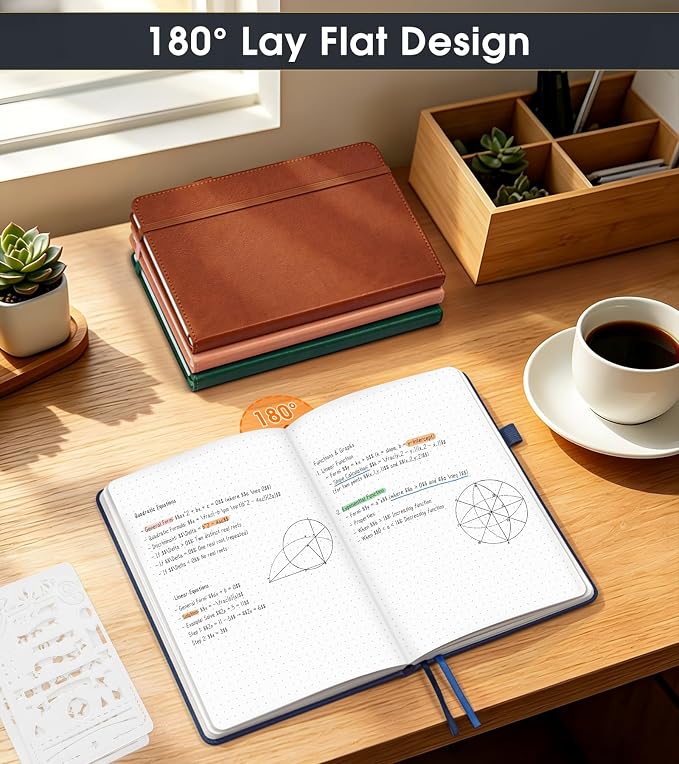 Dotted Journal Notebook, A5 Leather Hardcover, 160 Pages, 180° Lay-Flat Binding, 100 GSM Thick Paper, Dot Grid for Bullet Journaling, Planning & Daily Organization (Navy)