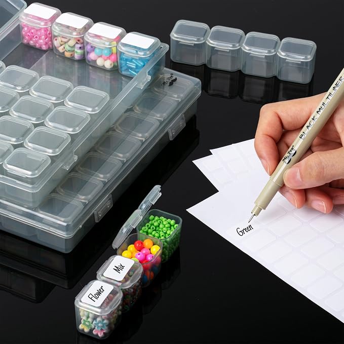 Mr. Pen- Bead Storage Containers, 28 Grids, 2 Pack, Grey | 160 pcs Label Stickers, Transparent, Small Bead Organizer Box, Diamond Art, Diamond Painting Organizer