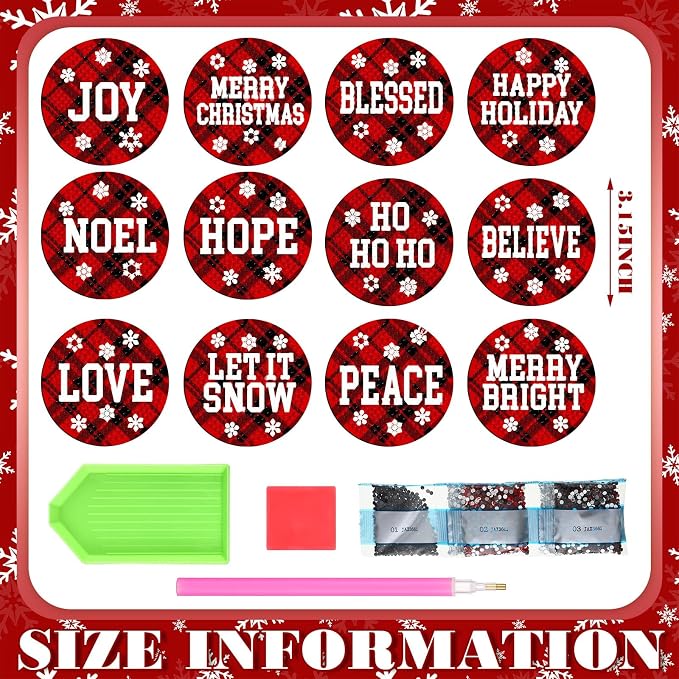 Zonon 12 Pcs Christmas Diamond Art Magnet Kits for Fridge | Xmas Diamond Painting Magnets, Black and Red Buffalo Plaid,DIY Craft Gifts, for Refrigerator Lockers Cars DIY Home Decor