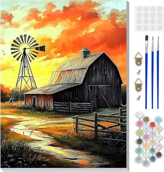 DOMROM Framed Paint by Numbers Kit for Adults Beginners, DIY Farmhouse Barn Paint by Number Kit on Canvas, DIY Oil Painting Kits for Home Wall Decor Gift 12x16inch
