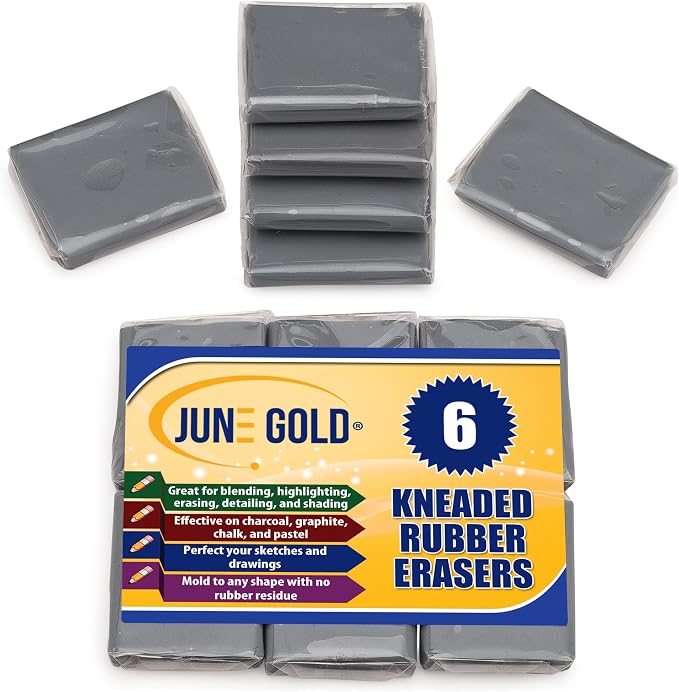 June Gold 6 Gray Kneaded Erasers, Moldable for Graphite, Charcoal & More | Blend, Shade, Smooth, Correct, and Brighten your Sketches and Drawings